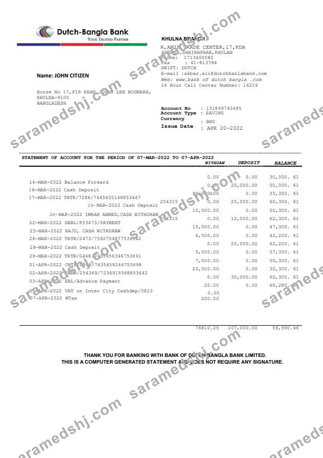 Bangladesh Dutch-Bangla bank statement